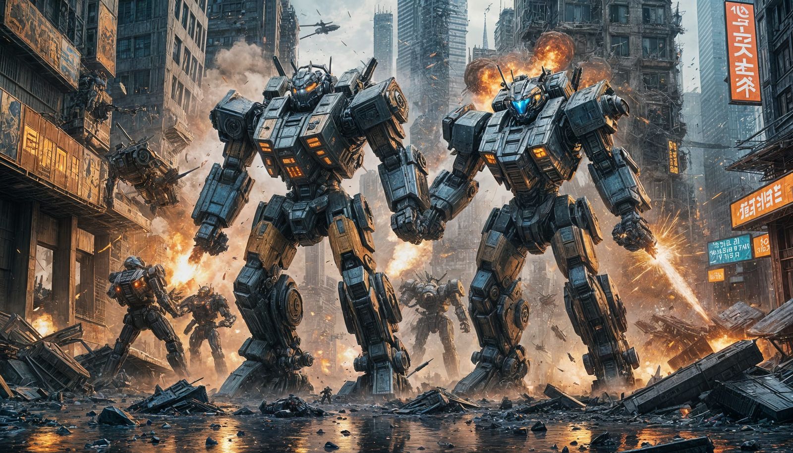 Futuristic Mecha Battle in Cyberpunk Cityscape
