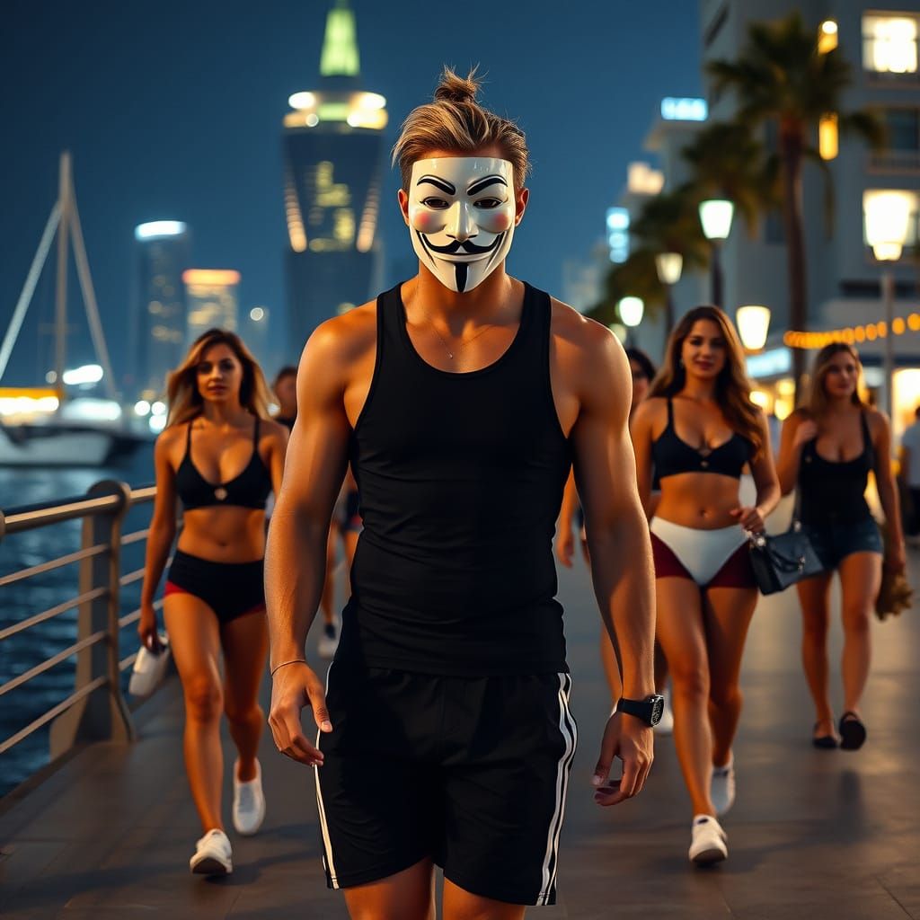 Man in Guy Fawkes Mask on Waterfront Promenade