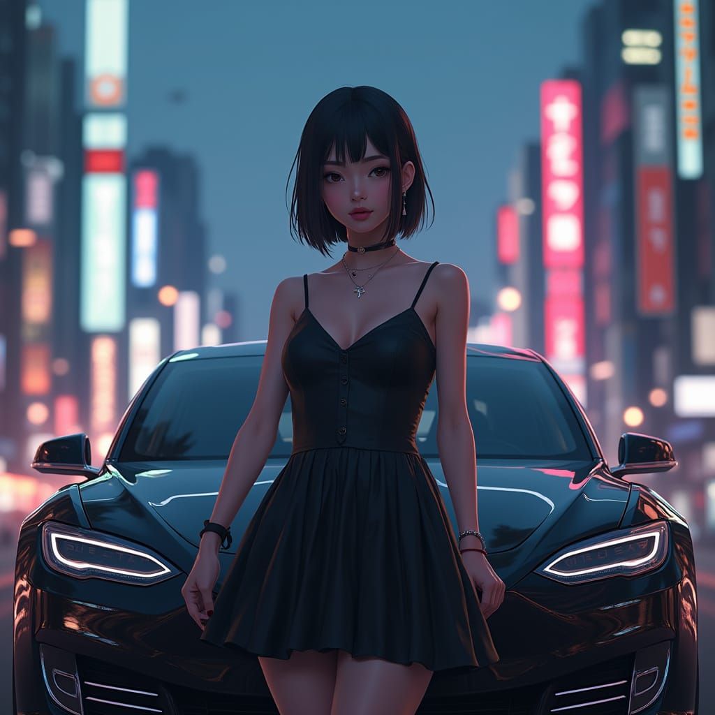 Cyberpunk Japanese Girl with Tesla in Tokyo
