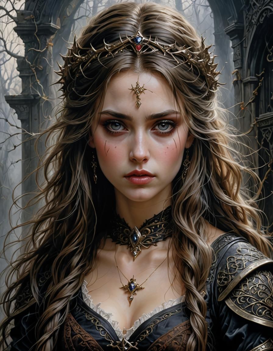 Gothic Horror Rapunzel Painting in Thorny Fairytale