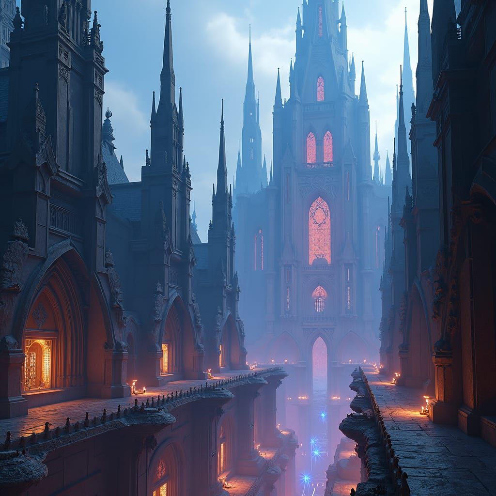 Gothic Sci-Fi Metropolis in Deep Blues and Purples