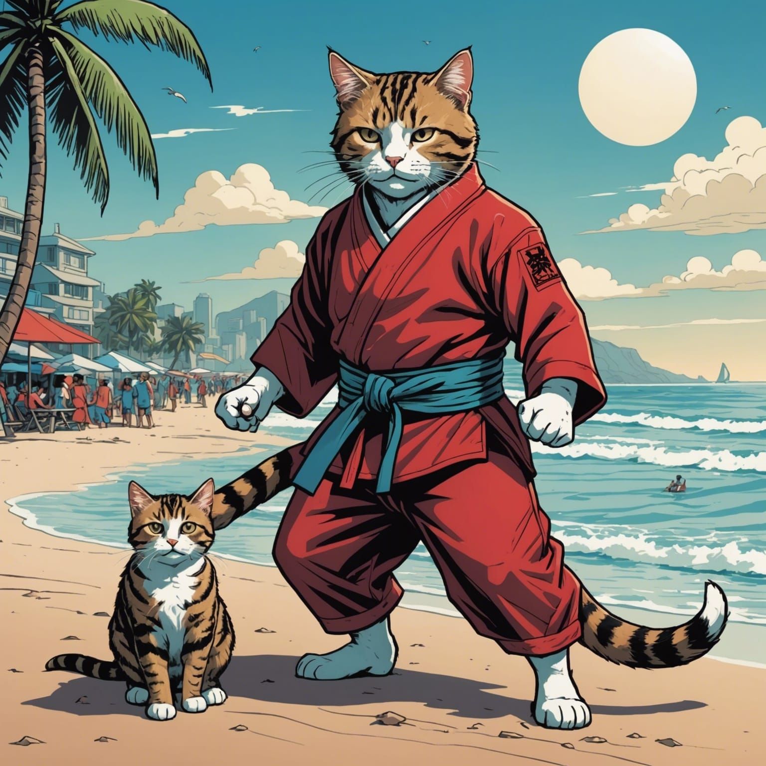 Cat-Human Hybrid on Beach Holiday, Comic Book Art