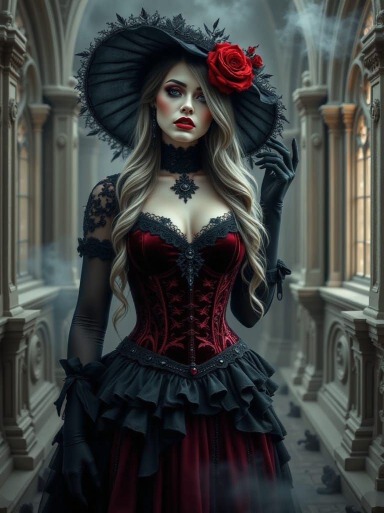 Gothic Beauty in Velvet Corset Among Moonlit Ruins