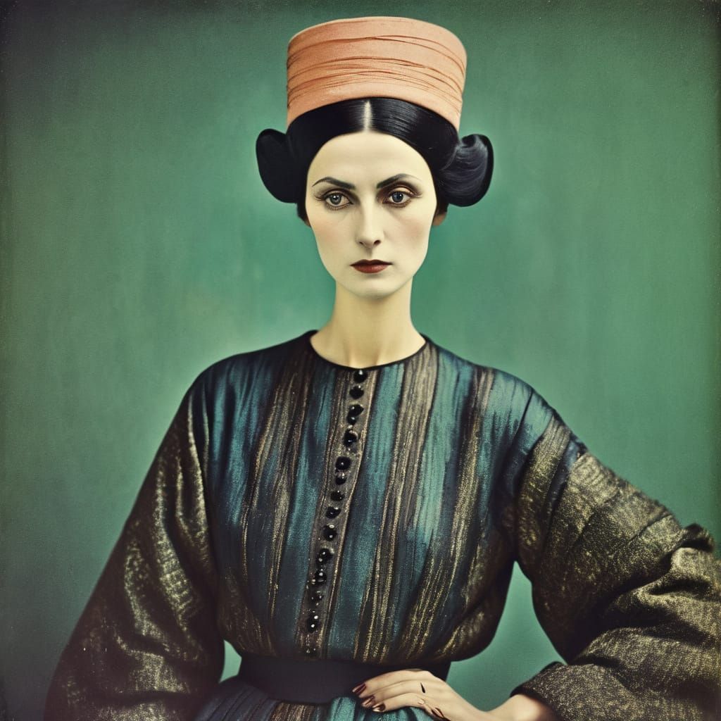 Autochrome of Woman in Avant Garde Modigliani Fashion