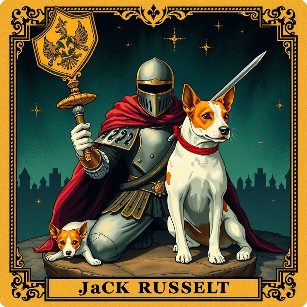 Tarot card illustration, the knight of Jack Russell Terriers...