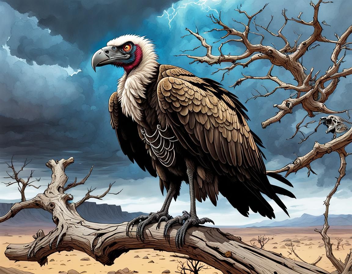 Mechanical Vulture in Post-Apocalyptic Desert Landscape