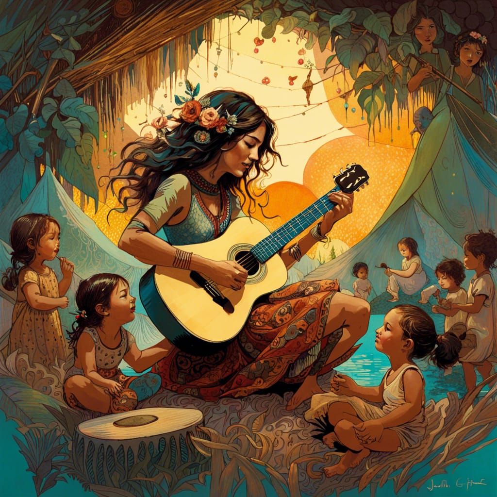 Cheerful Girl Plays Guitar in Gypsy Camp