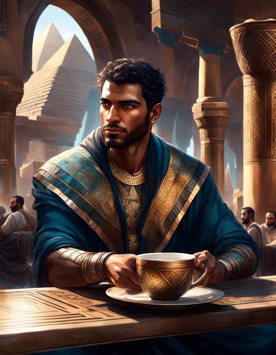 A young handsome Egyptian sits at a cafe