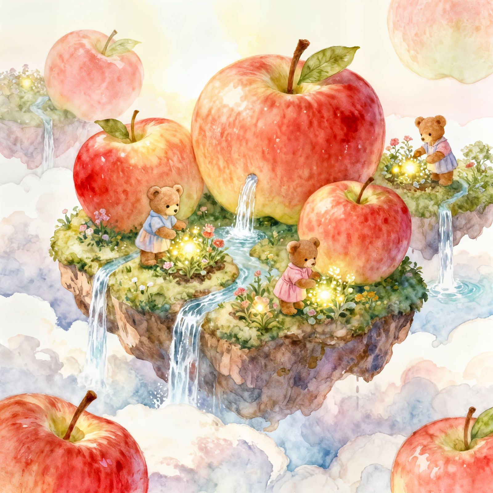 Whimsical Floating Apple Islands with Teddy Bears
