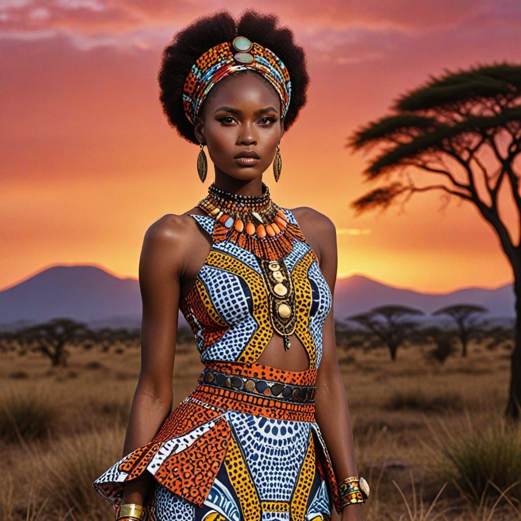 Glamorous African Model in Watercolor Tribal Fashion