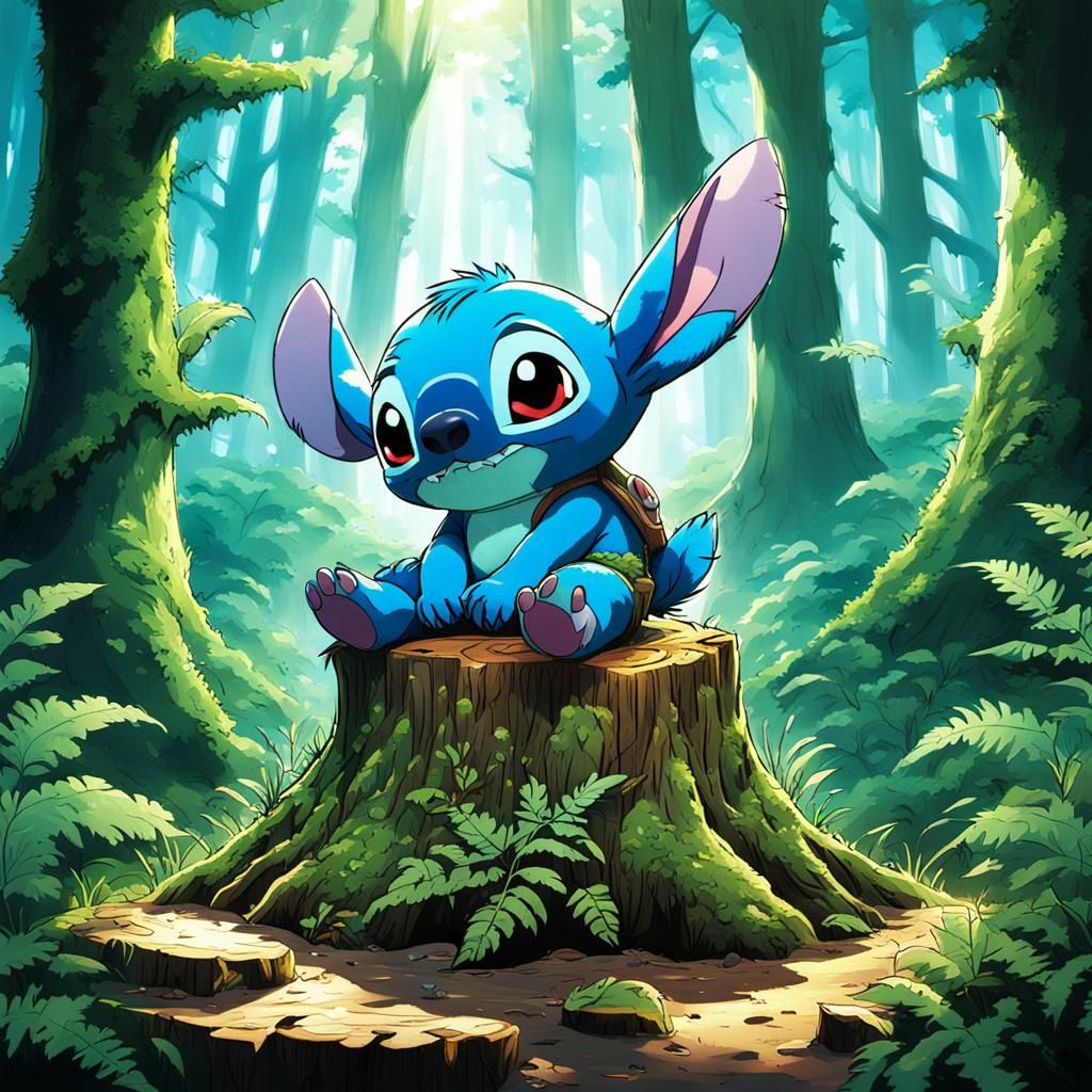 Stitch in Lush Forest, Anime Style