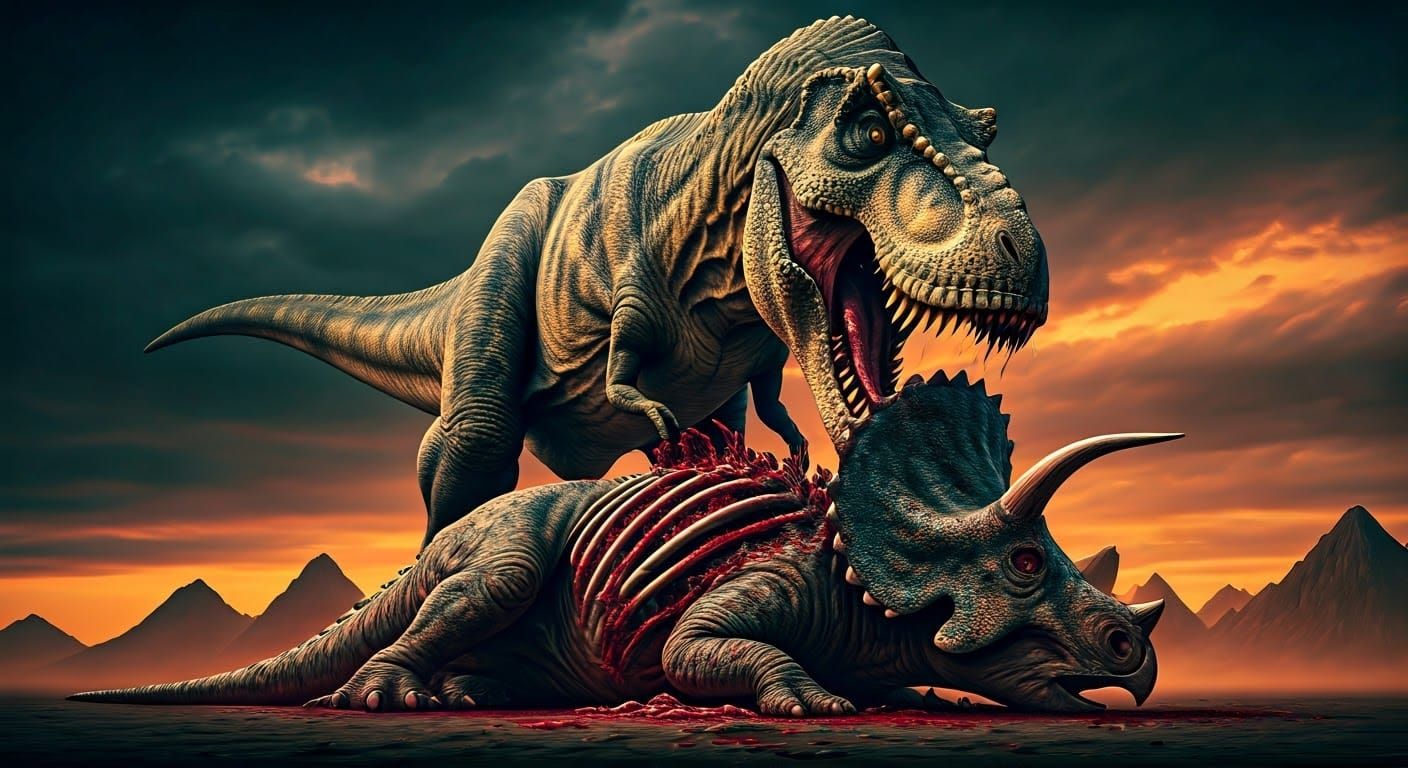 T-Rex Devouring Triceratops in Hyperrealistic Splash Art