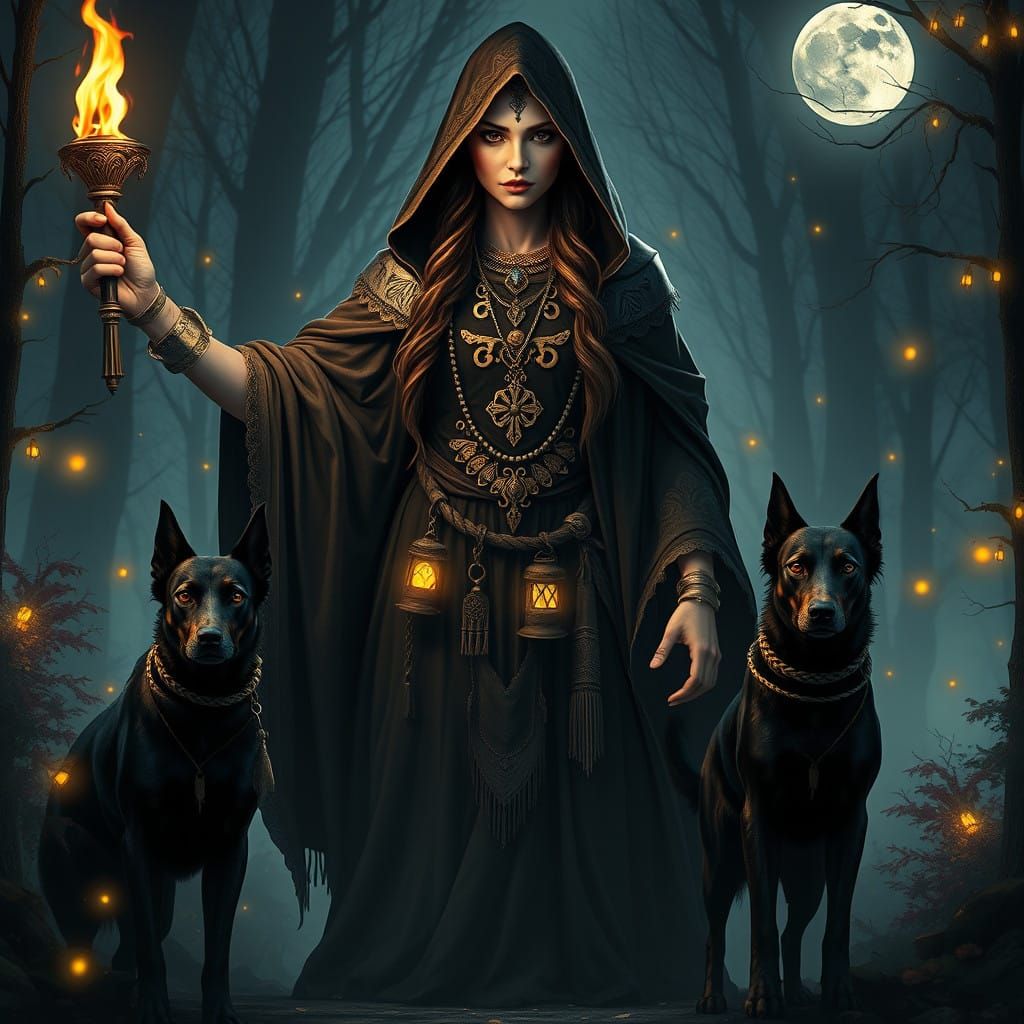 Hekate Goddess of the Crossroads Illuminated by Moonlit Radi...