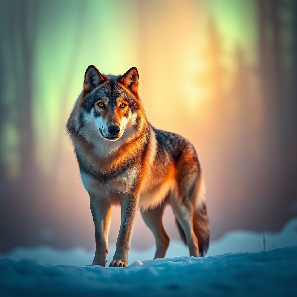 Aurora Wolf in Winter Forest, Dreamy Bokeh