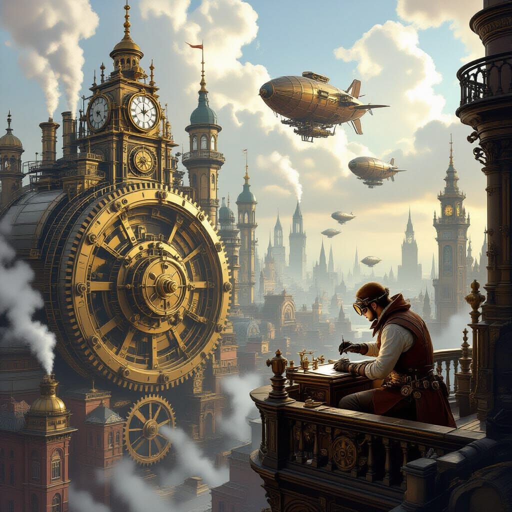 Steampunk Cityscape with Airships and Inventor