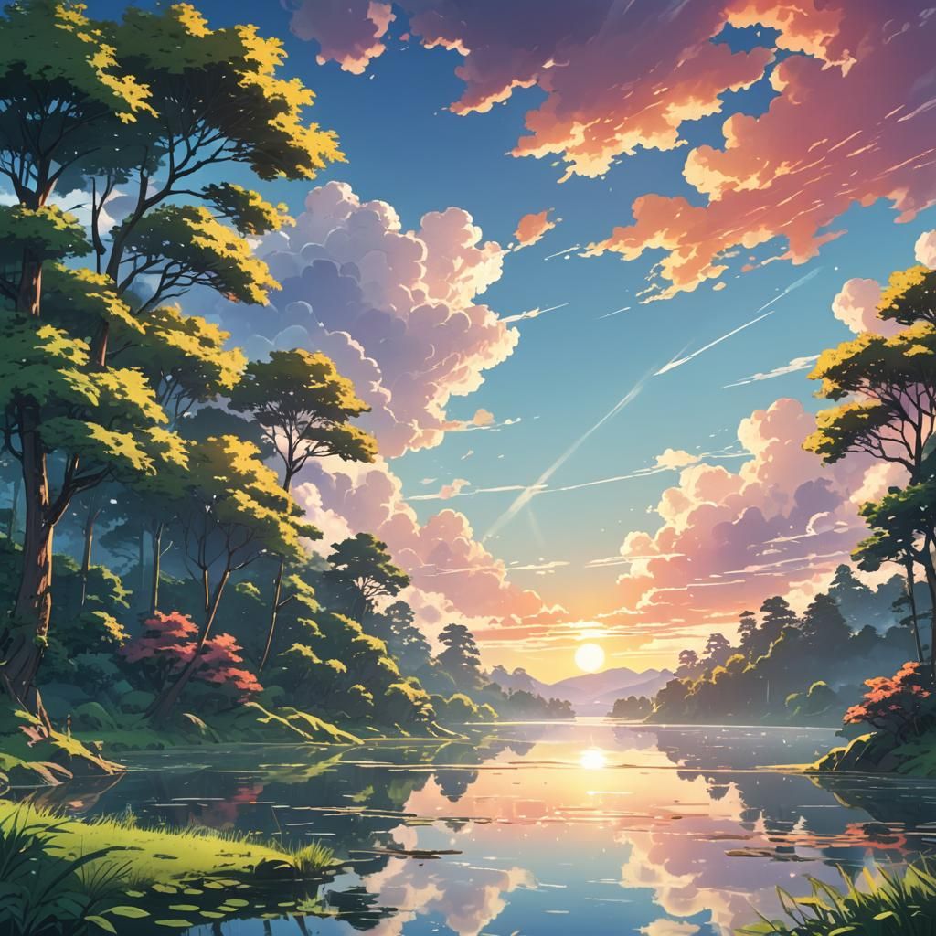 Vibrant Anime Sunrise Landscape in Studio Trigger Style