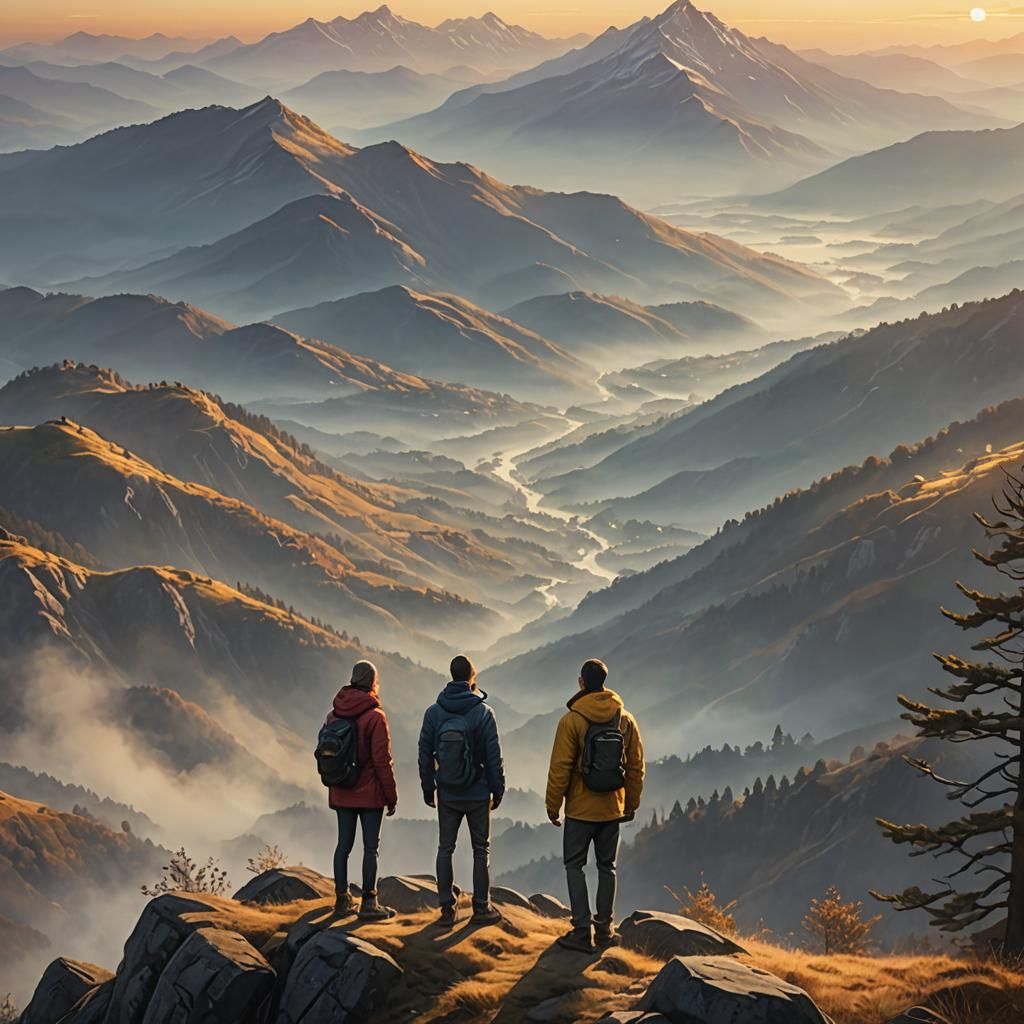 Misty Mountain Sunrise: Hyper-Realistic Digital Art