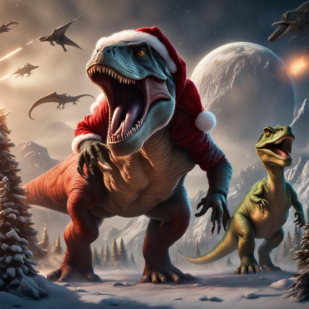 Father Christmas as T-Rex in Meteor Shower, Digital Art