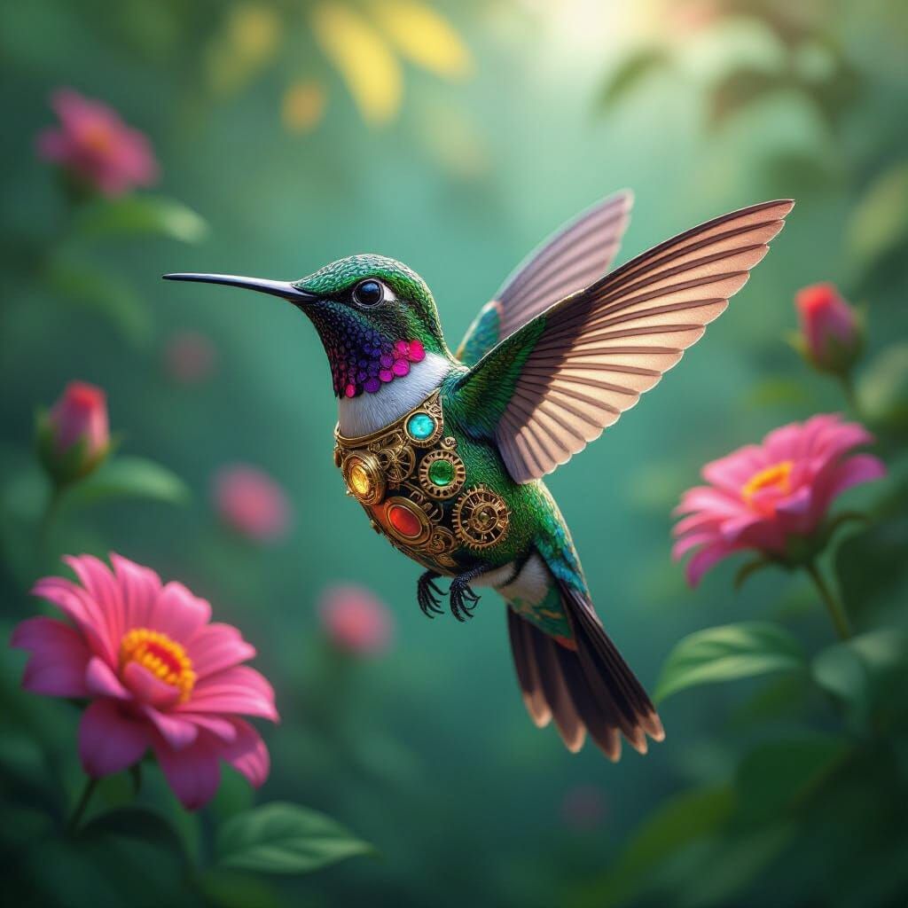 Steampunk Hummingbird in Bioluminescent Garden, Digital Art