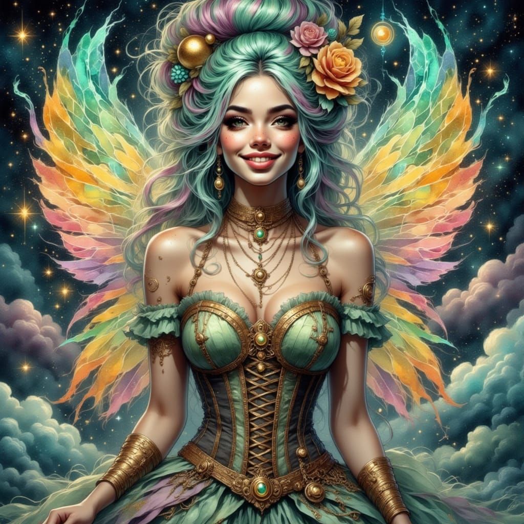 Pastel Rainbow Hair with Cogs and Cosmic Clouds