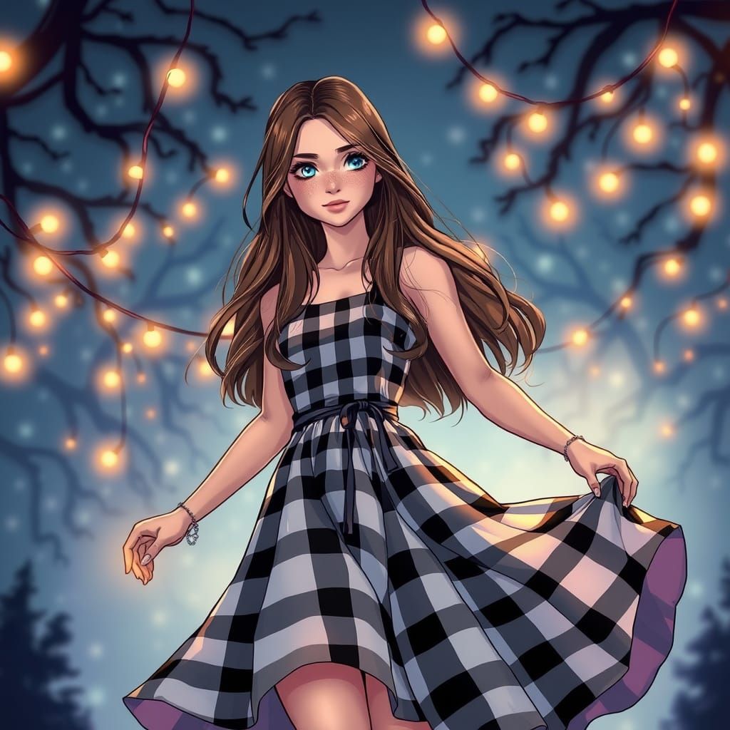 Dreamy Woman in Checkered Dress with String Lights