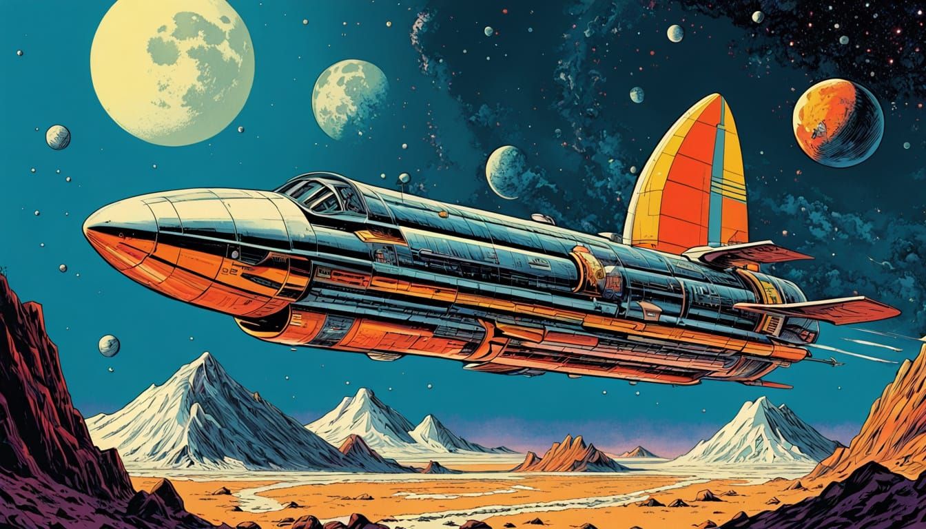 Retro Rocket Launch from Lunar Base in Comic Style