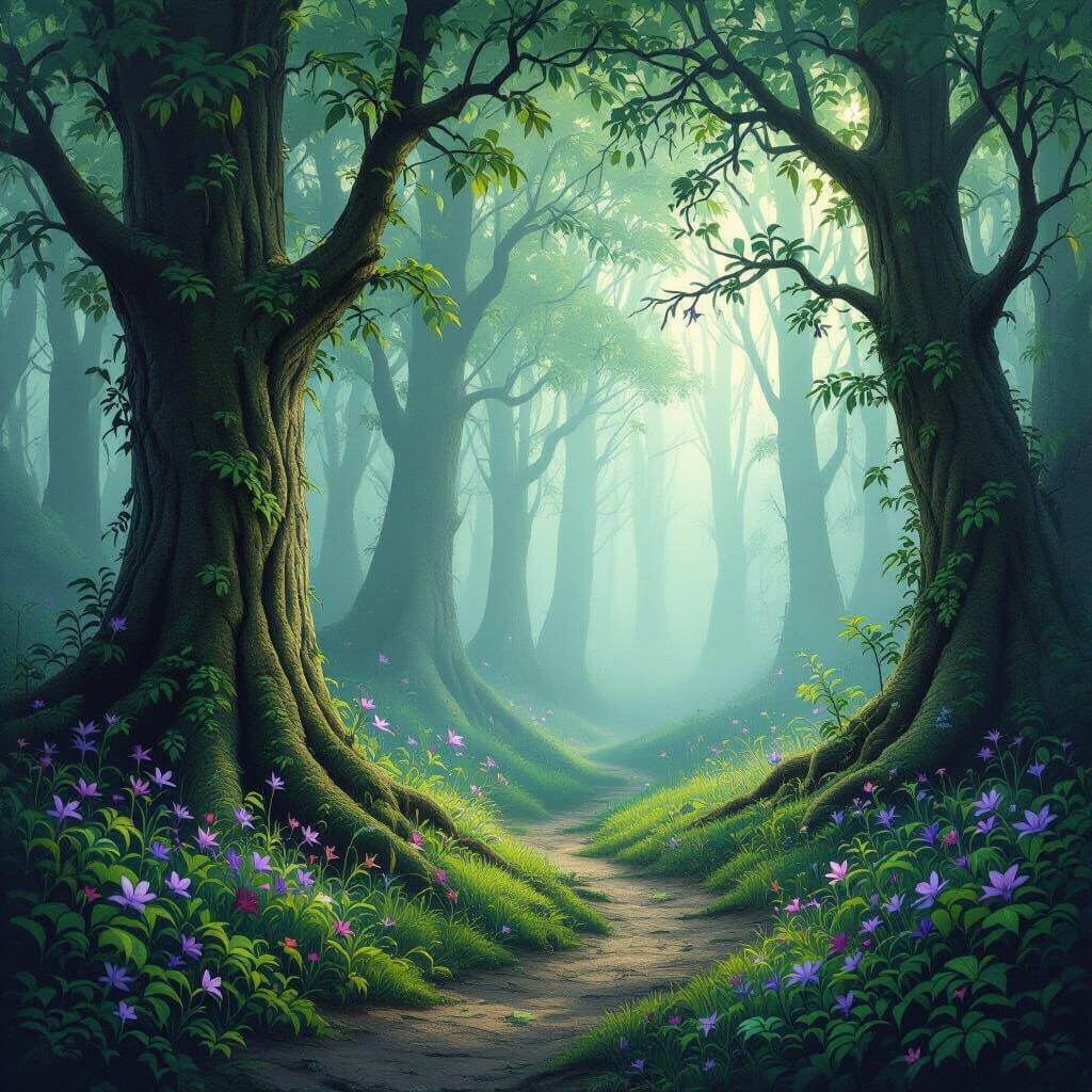 Enchanted Forest with Mist in Fantasy Art Style