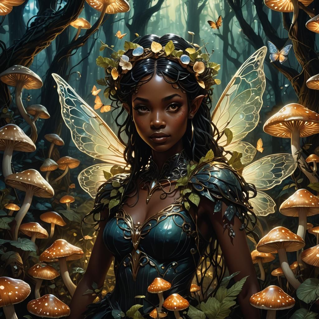 Dark Fantasy Fairy in Mystical Forest Art