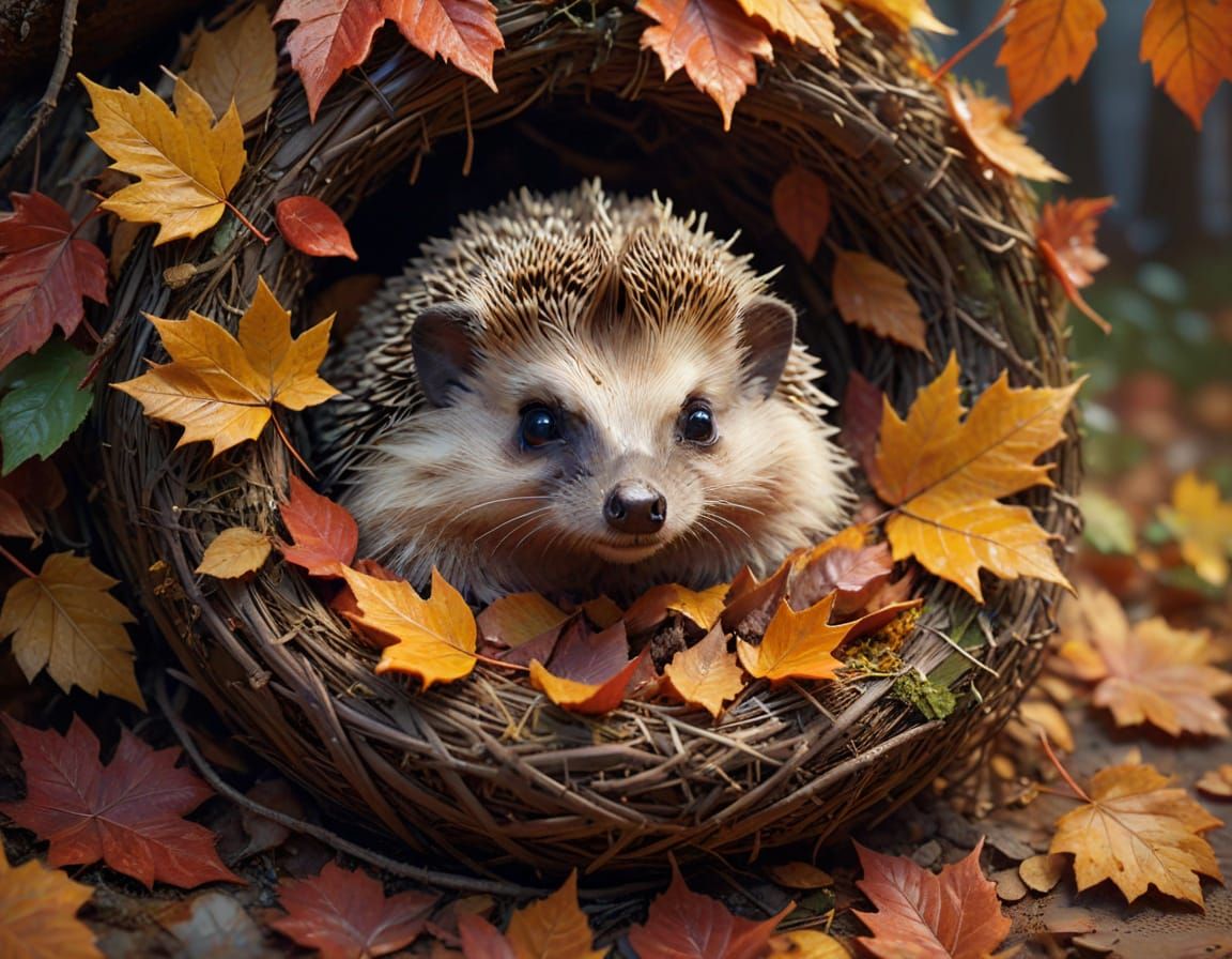 Hedgehog in Autumn Leaves, Neo-Impressionist Oil Painting