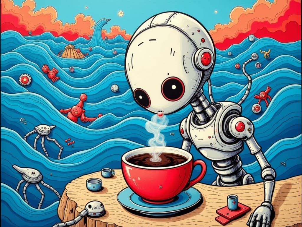 Naive Art Android Sea with Coffee Drinker