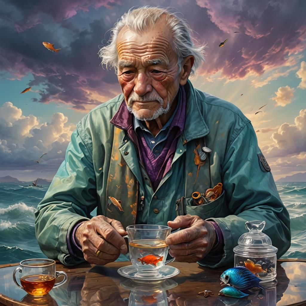 Old Man Fishing Beside Glass Teacup: Hyper-Realistic Art