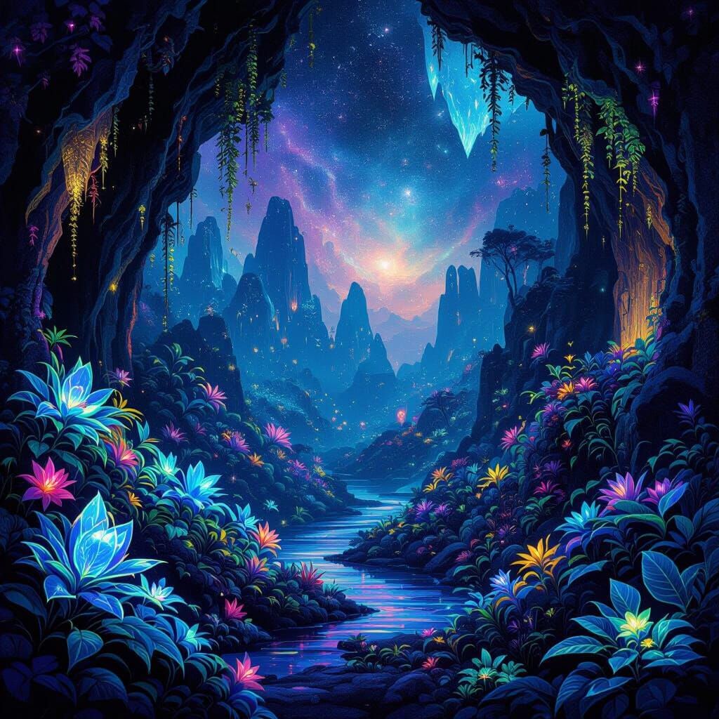 Bioluminescent Alien Jungle at Night with Cosmic Sky