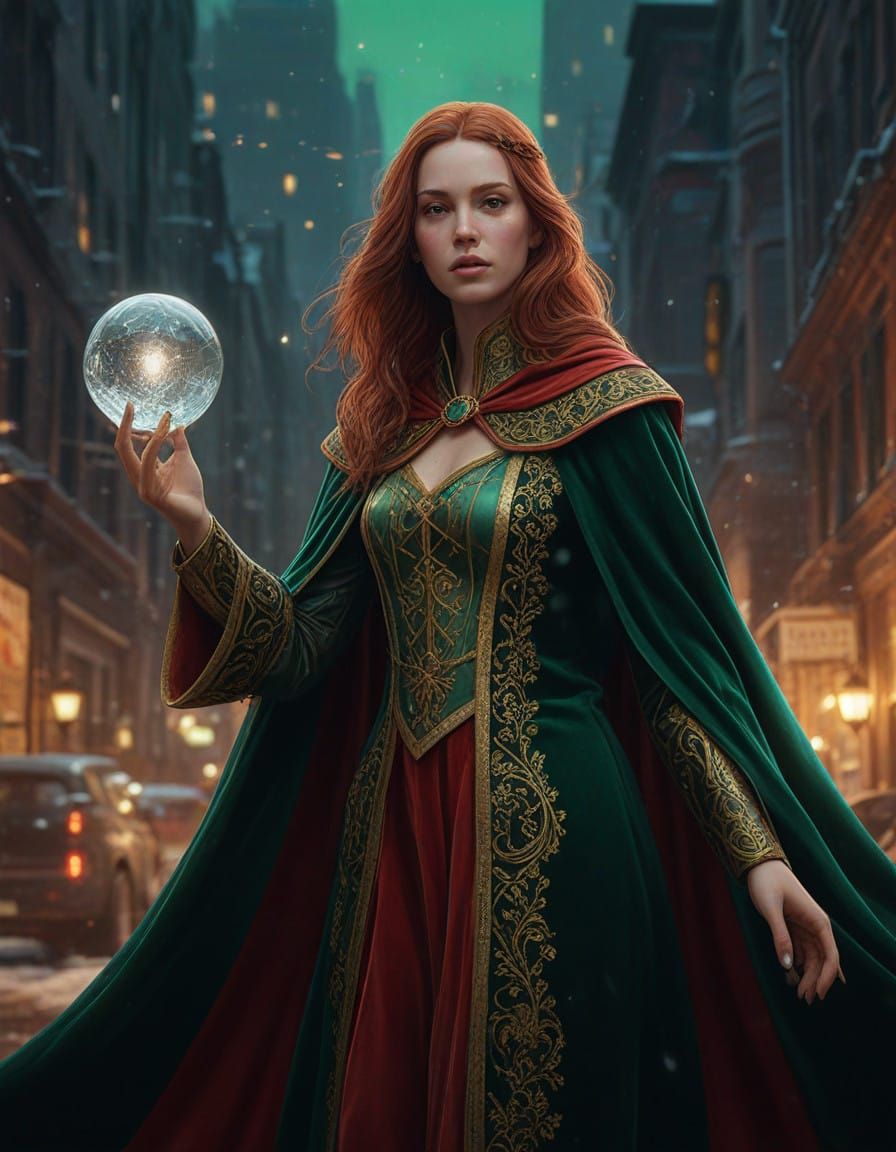 Ethereal Christmas Goddess in Emerald Velvet Cloak