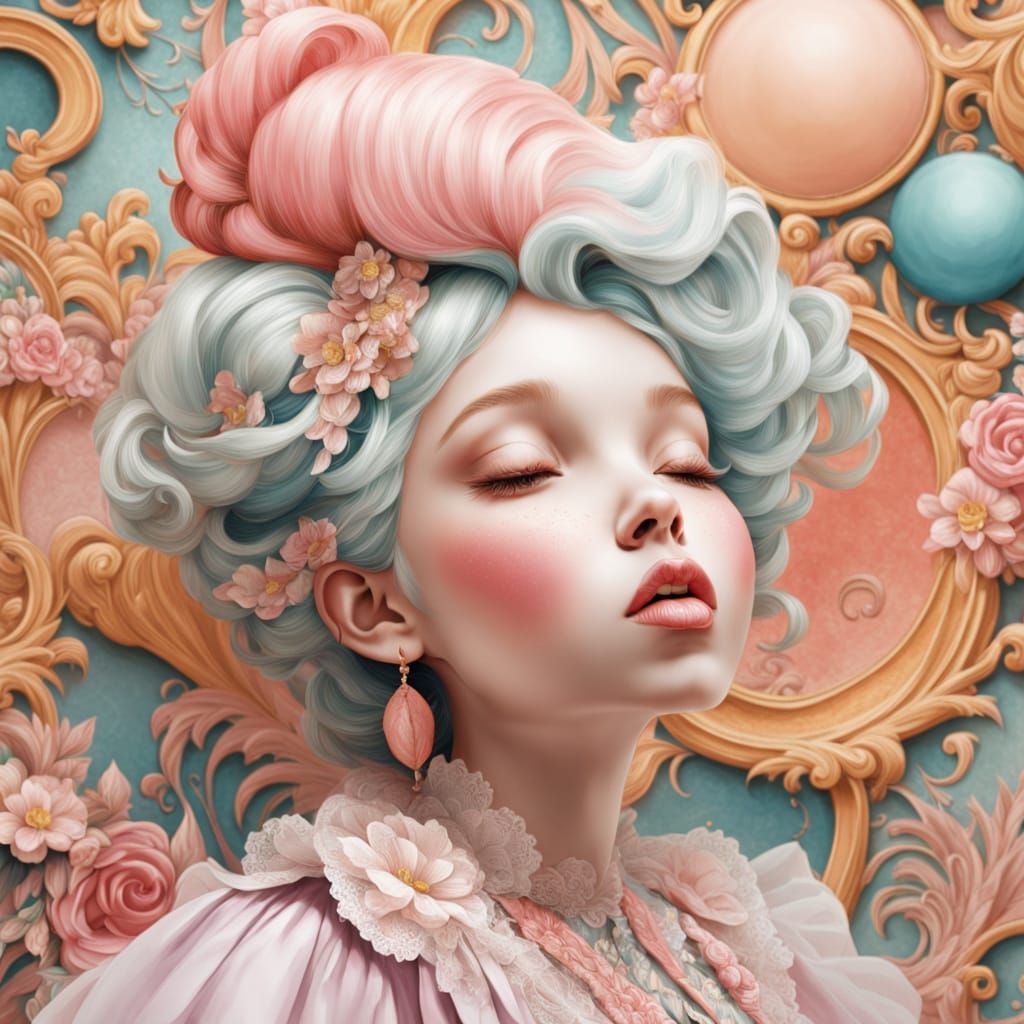 Rococo Whimsy: Chubby Girl Blows a Pink Bubblegum Bubble