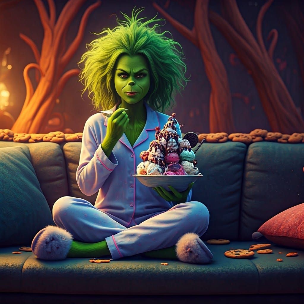 Female Grinch Eating Ice Cream in Whoville, Photorealistic A...