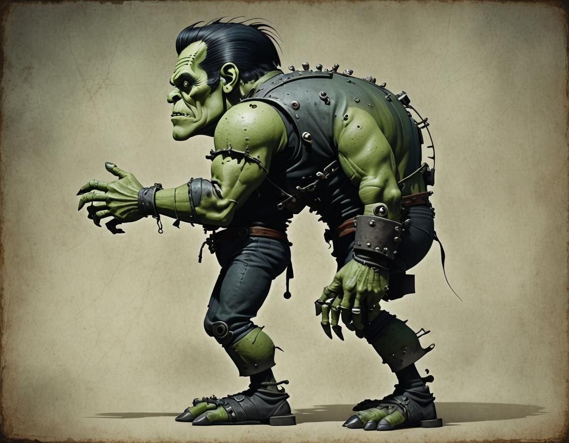 Cartoonish Gothic Frankenstein Creature in Profile View