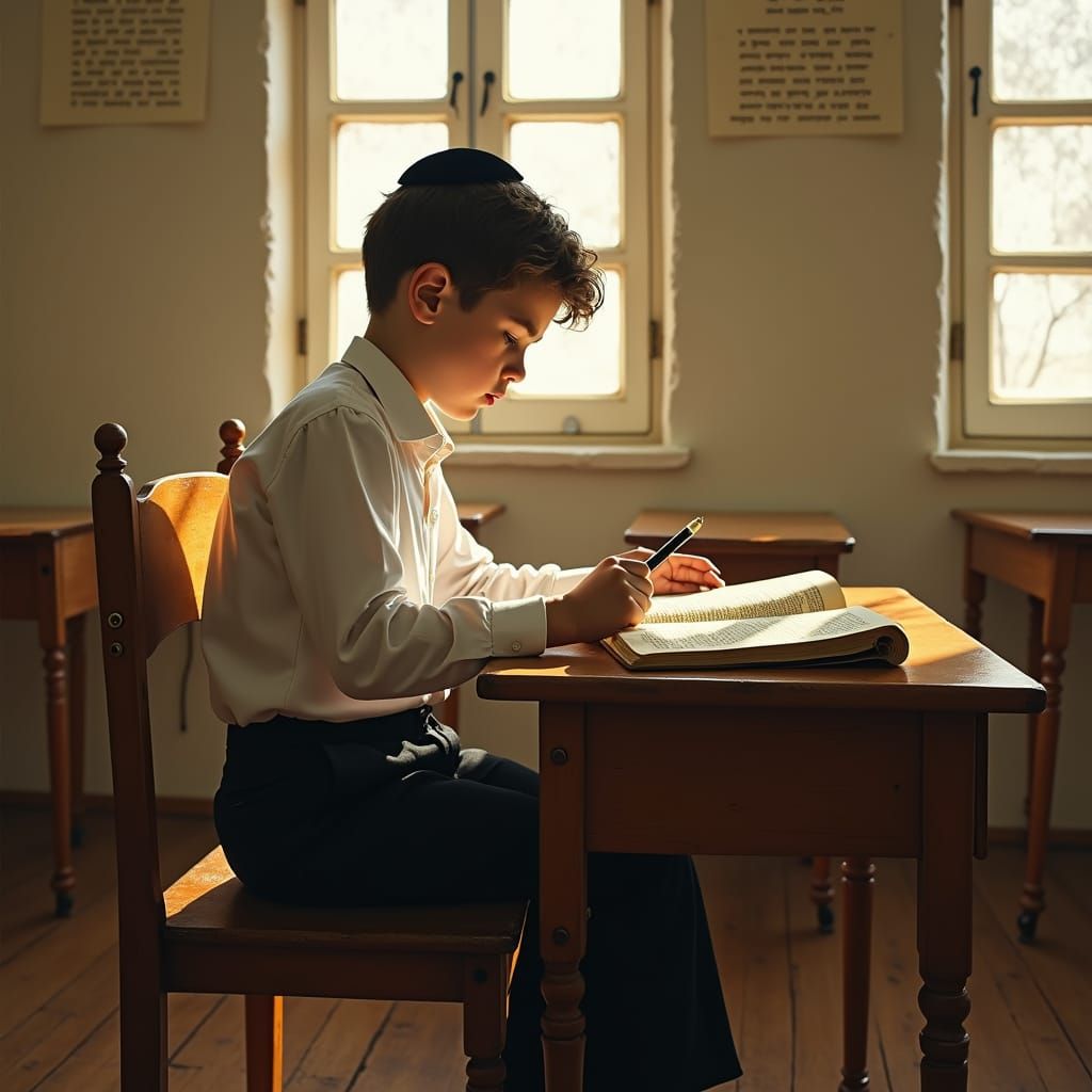 Boy Studying Talmud in Traditional Classroom, Chiaroscuro St...