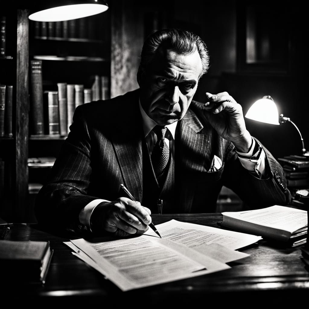 Sicilian Mob Boss Reads Document in Film Noir Style