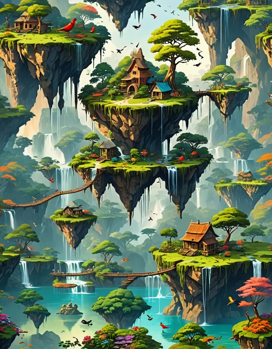 Colorful Floating Islands Digital Art Landscape