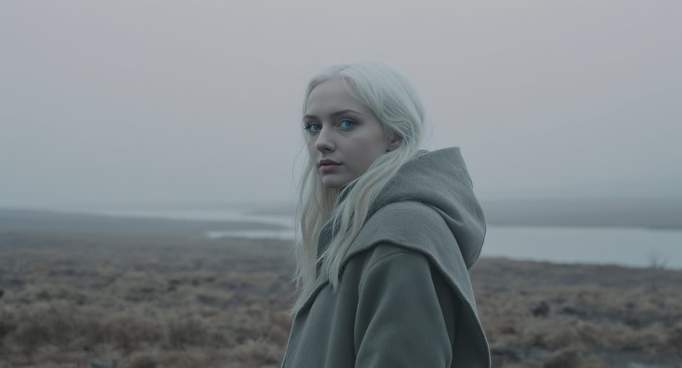Confident Woman in Misty Landscape, Eerie Atmosphere