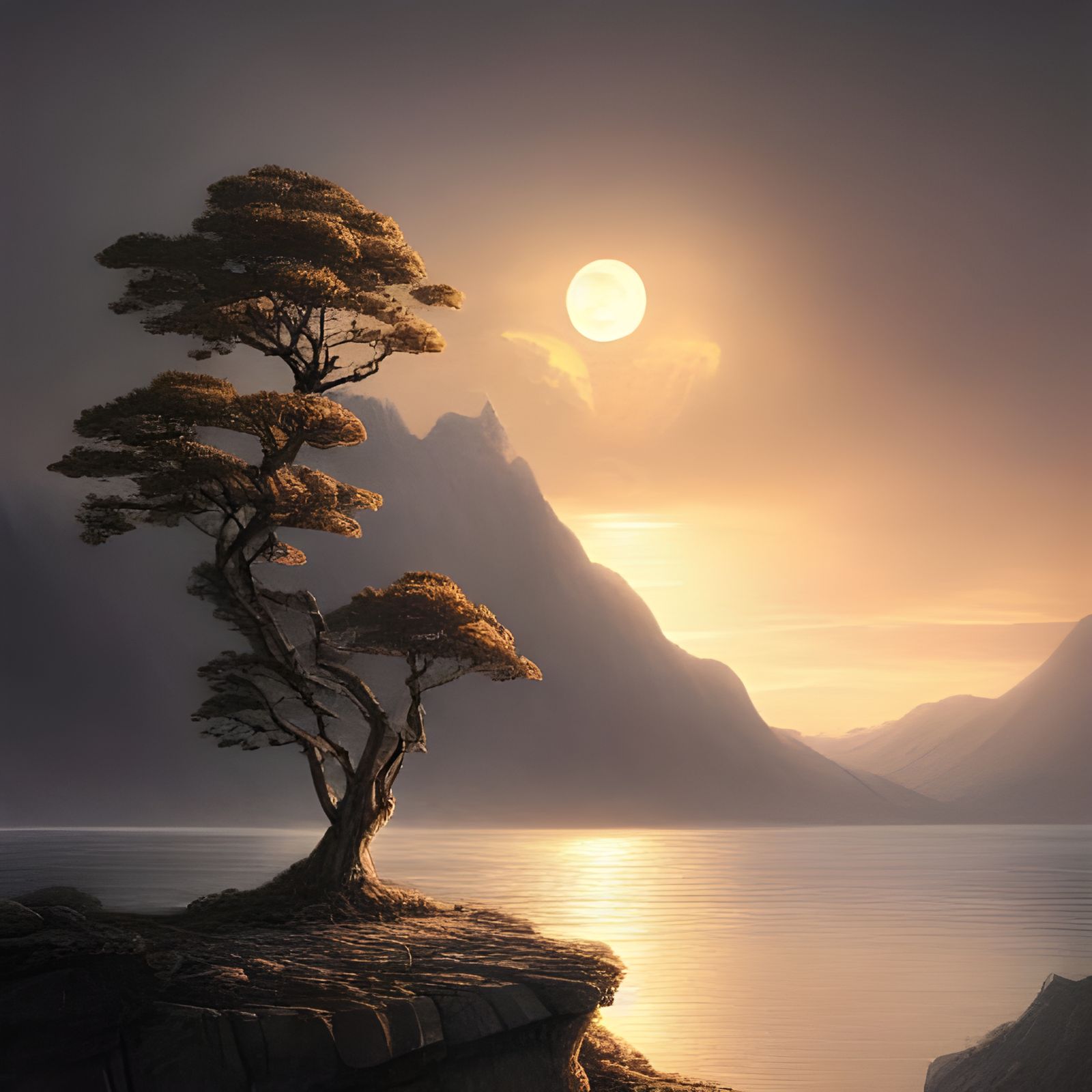 Golden Tree in Lake: Dark Fantasy Concept Art