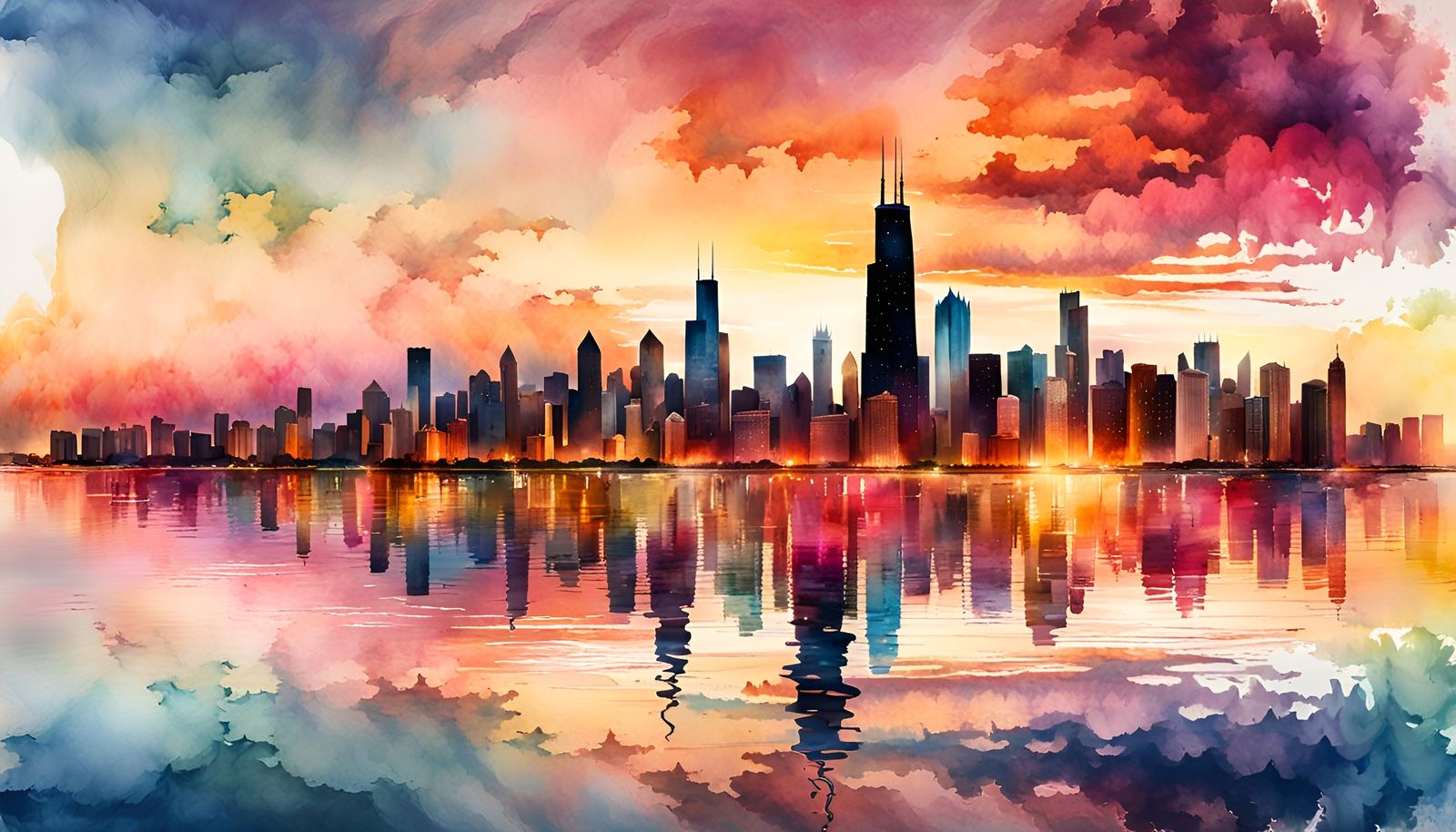 Chicago Sunset: Digital Watercolor Double Exposure