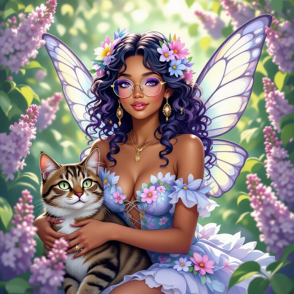 Elegant Fairy Rides Tabby Cat in Art Nouveau Style