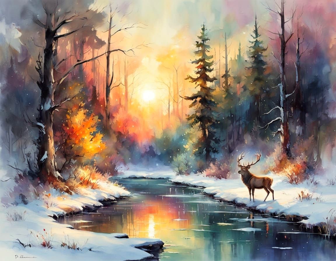 Stag Watches Children Skating: Watercolor Winter Scene