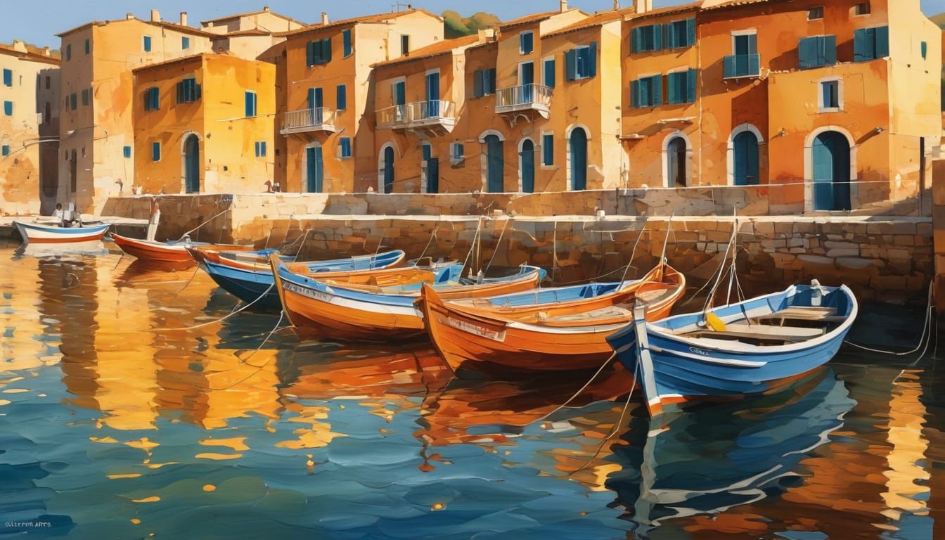 Sunlit Tuscan Harbor Watercolor Painting