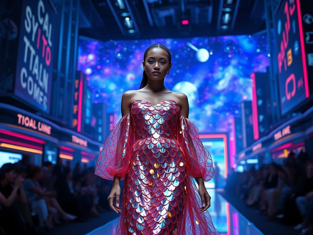 Surreal Runway Show in a Futuristic Cityscape