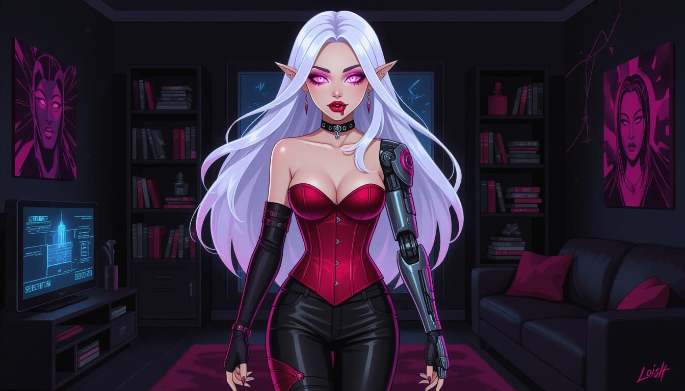 Cyberpunk Victorian Vampire Woman in Sci-Fi Home