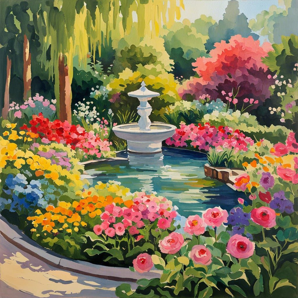 Impressionist Garden with Vibrant Flowers in Gouache Style