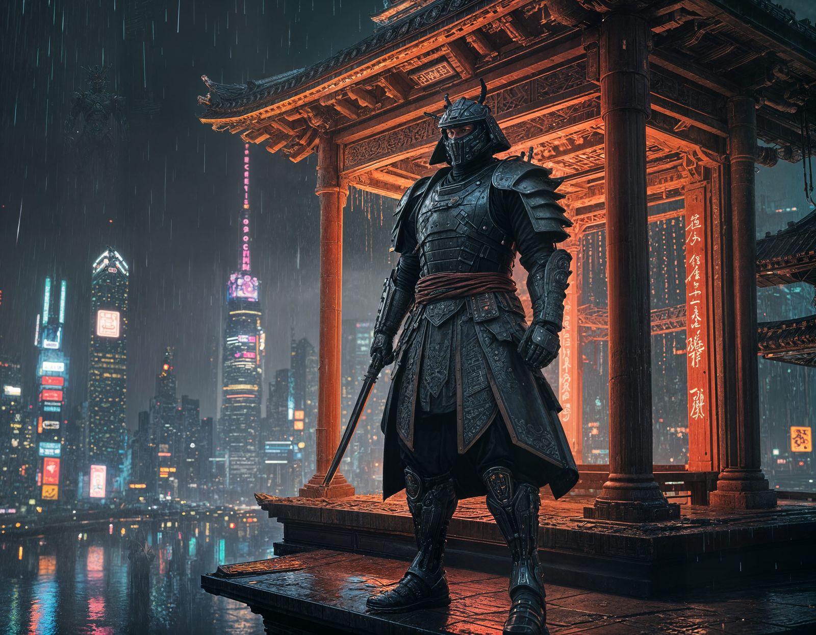 Cyborg Samurai Overlooking Neon Cyberpunk City