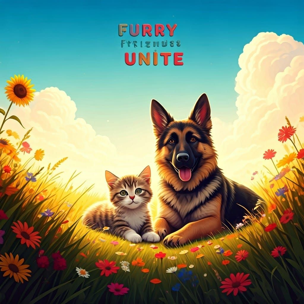 Kitten and German Shepherd in Sunny Meadow